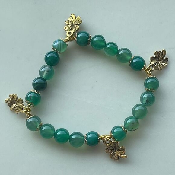 Green dyed agate 4 leaf clover ONE stretch bracelet NEW beaded reiki meditation - Picture 5 of 13